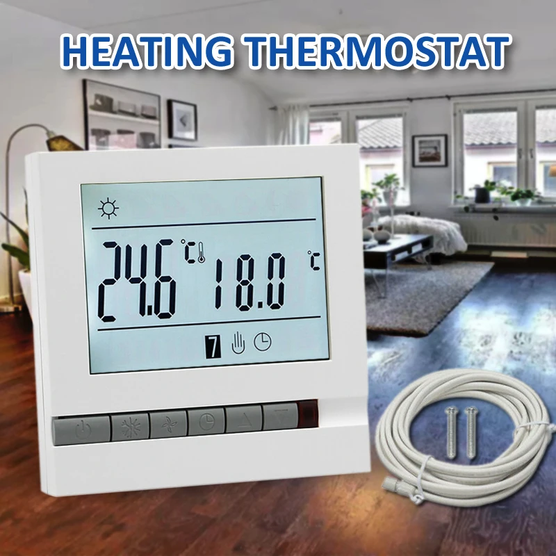 

1Set 2W Electric Underfloor Heating Thermostat Control Switch + Floor Sensor 16A for Indoor Home Bedroom Living Room