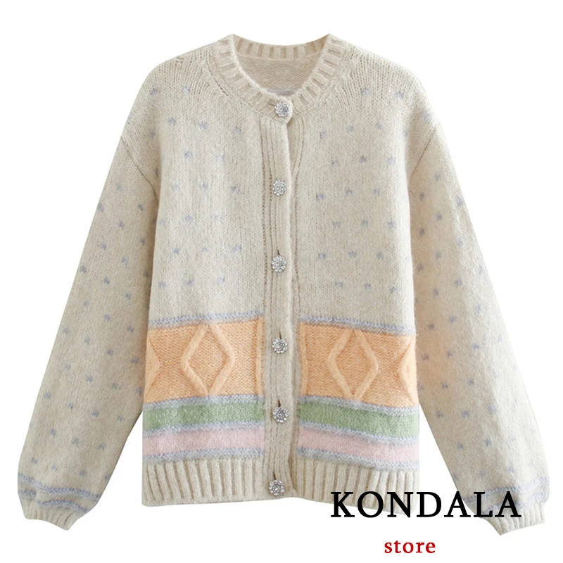 

Женские свитера KONDALA Za, вязаный толстый кардиган оверсайз, повседневные жакеты с принтом в горошек и пуговицами с кристаллами, модная верхняя одежда для девушек
