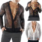 Мужская однотонная прозрачная сетчатая рубашка, черный кардиган с длинными рукавами, сексуальная кофта для клувечерние