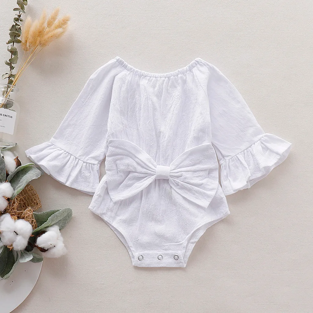 

2019 Baby Girl Clothes Newborn Baby Girl Clothes Baby Long-sleeved Trumpet Sleeves Solid Color Large Bow Robes Romper A1