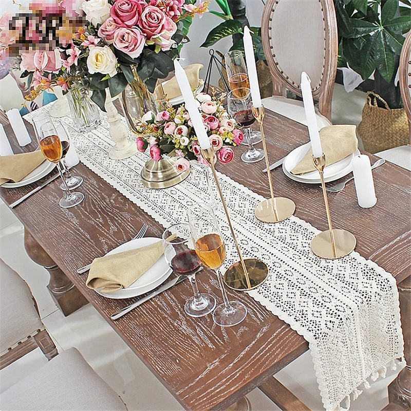 

240/300cm Romantic White Lace Tassel Tablecloth Country Event Party Supplies Vintage Wedding Home Decoration Table Cloth Runner