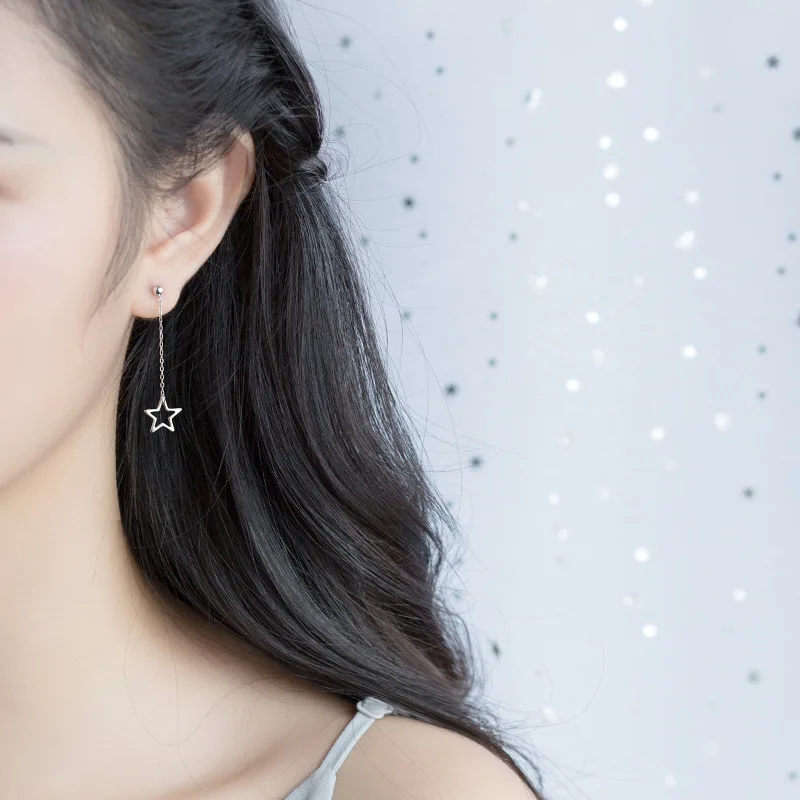 100% 925 Sterling Silver Delicate Star Pendant Earings Long Chain Hanging Ear Dangle Drop Earrings for Women | Украшения и