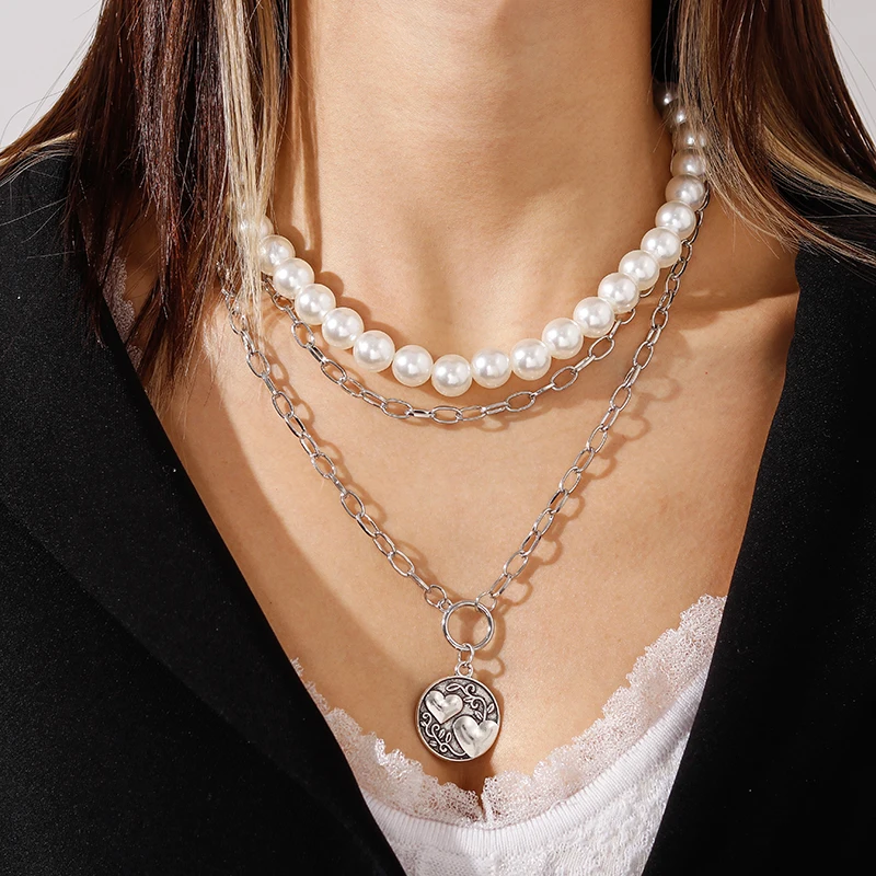 

Vintage Multi-Layer Coin Love Heart Pendant Necklaces for Women Statement Imitation Pearl Necklaces Party Collier Jewelry