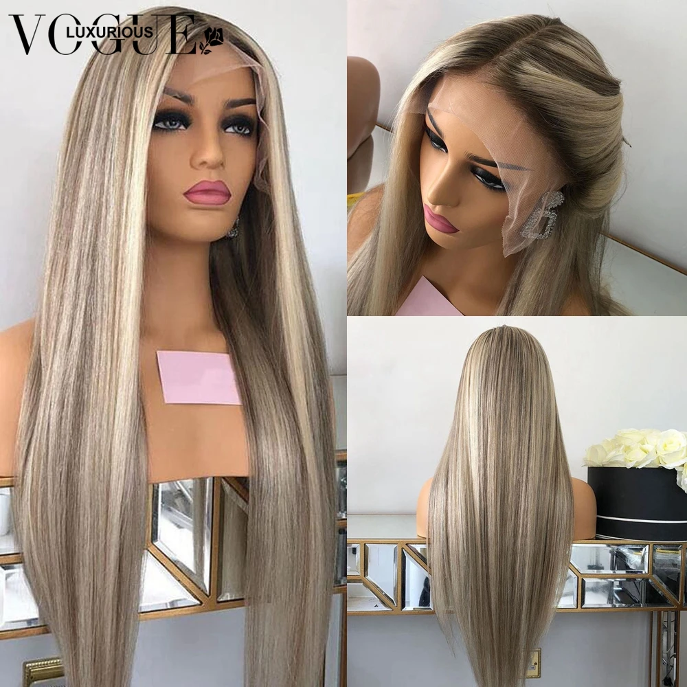 Brown Highlight Wig Human Hair Ash Blonde 13x4 Straight Lace Front Wig Preplucked Brazilian Hair Transparent HD Lace Frontal Wig