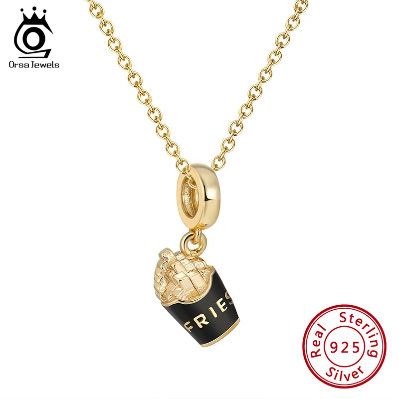 

ORSA JEWELS 925 Sterling Silver Silver Charm Necklace Delicate Golden Fries Shape 20MM Pendant For Girls Party Jewelry CB24