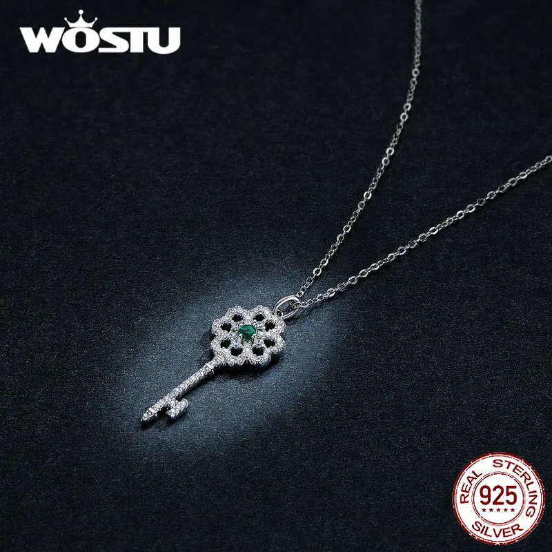 WOSTU подлинное 925 пробы Серебряное ожерелье клевер красивый клевер Яркий Циркон разблокировка Ключ Форма ожерелье ювелирные изделия CTN141