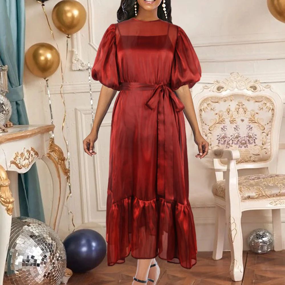 

Sexy See-through Oversized Women Dress with Sling Lining and Belt Elegant Red Puff Sleeve Summer Autumn Loose Office Dresses