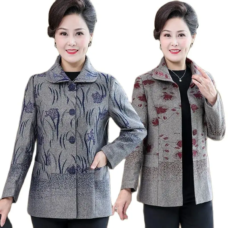 

Middle-Aged Elderly Mothers Woolen Cloth Women's Coat Spring Autumn Loose Lapel Printing Long Sleeve Woolen Ladies Jacket Top