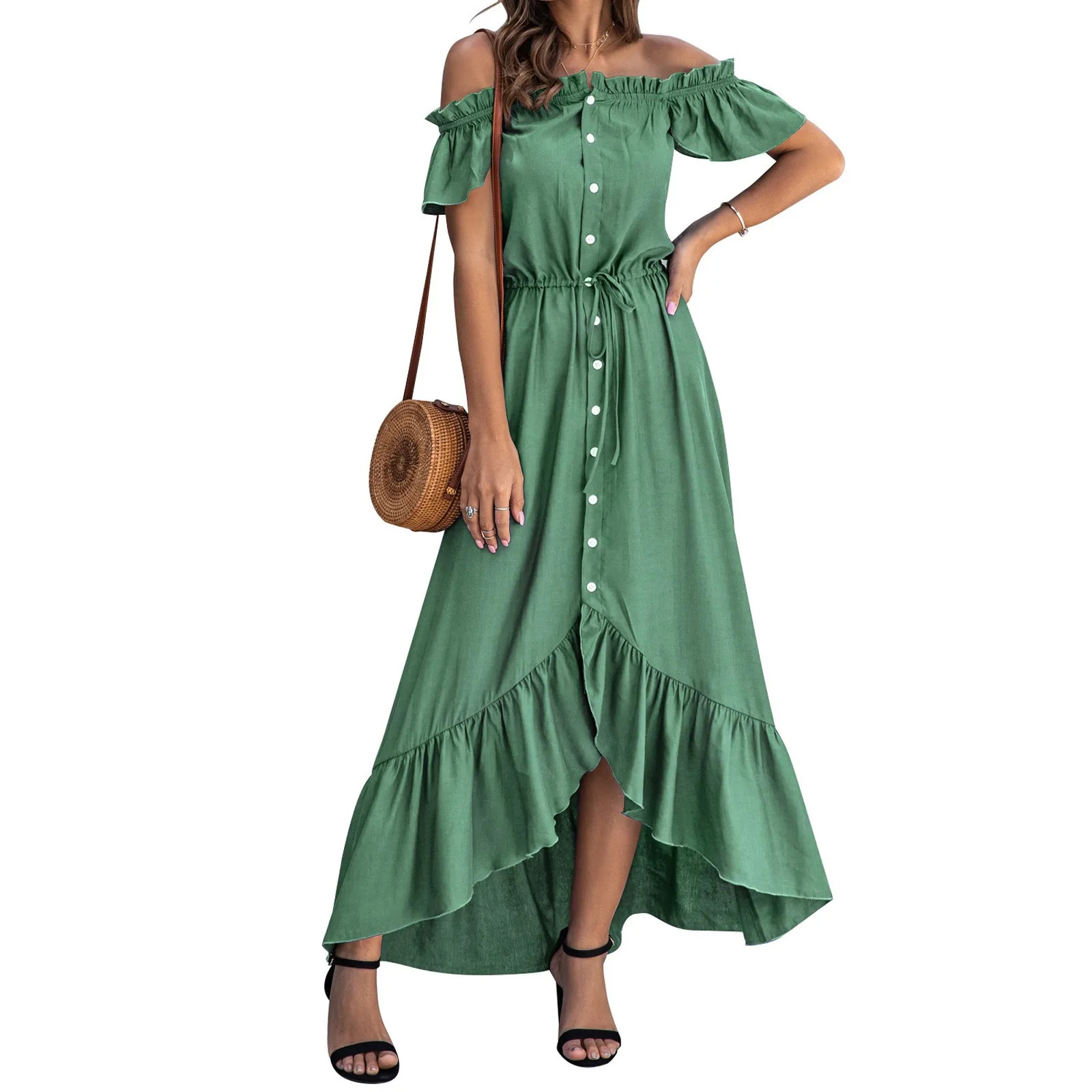 

Women Fashion Ruffles Slash Neck Maxi Dress Elegant Solid Color Button Up Long Dress Evening Party Wear robe longue