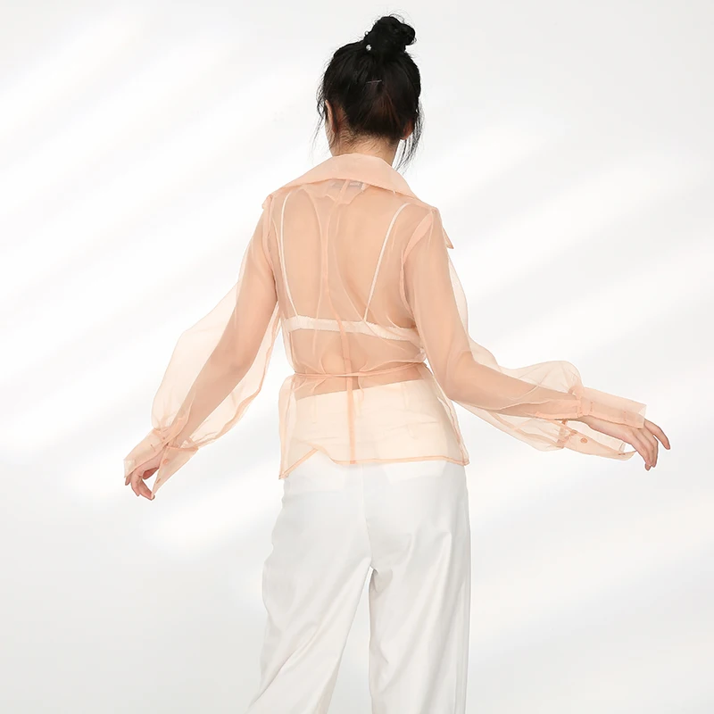 

Champagne Perspective Women Bandaeg Blouse New Lapel Long Sleeve Loose Fit Shirt Fashion Tide Spring Autumn 2021 JH40404