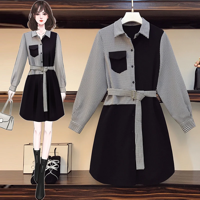 

4XL Plus Size Women Plaid Dresses Spring 2021 Turn-down Collar Long Sleeve Houndstooth Patchwork Black Loose Casual Shirt Dress