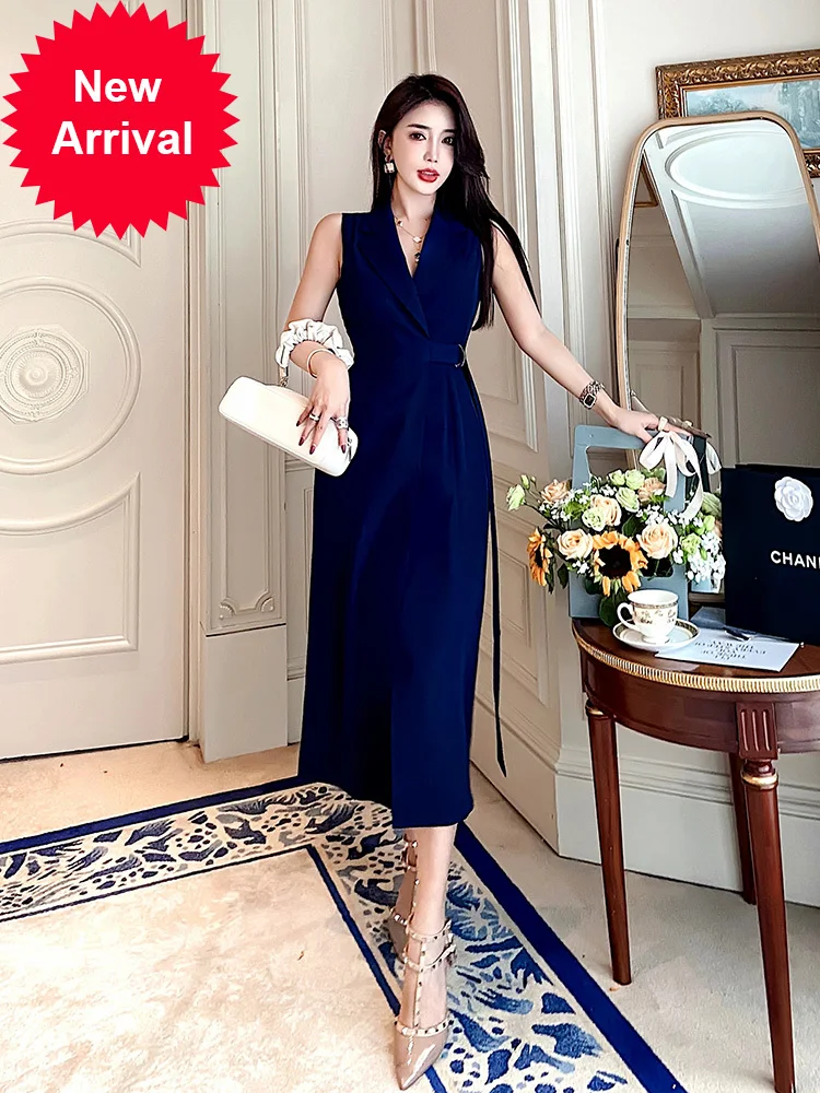 Женское платье без рукавов темно синее элегантное в стиле Хепберн Новинка лета