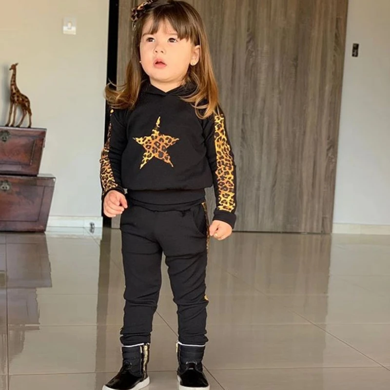 

Children Boys Girls Clothes Two-Piece Long-Sleeved Leopard Hooded Casual Fashion Boys Girls Sweater Pants Spring Autumn