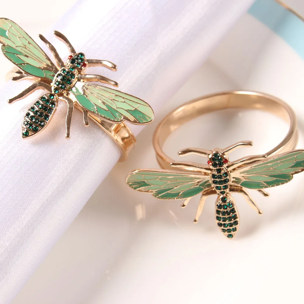 6pcs The new Bee napkin buckle ring alloy green insect dragonfly drip diamond paper towels | Дом и сад