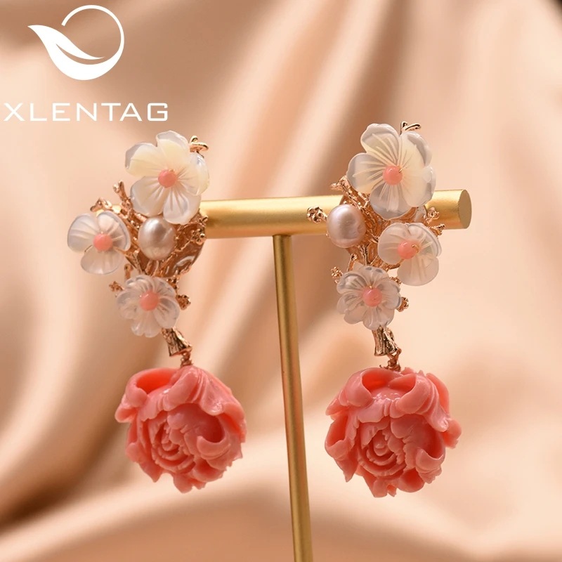 XlentAg, 925 пробы, серебряные, розовые, коралловые Висячие серьги, белый жемчуг, Розовый натуральный камень, раковина, цветок, висячие серьги, ювелирное изделие GE0024
