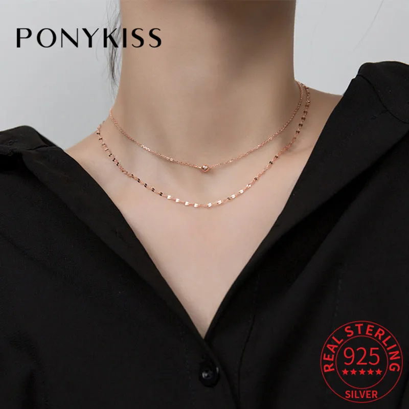 

PONYKISS модный S925 стерлингового серебра двойной Слои Глянцевая бусы колье для женщин, изготовлено вручную юбилей изысканные ювелирные издели...