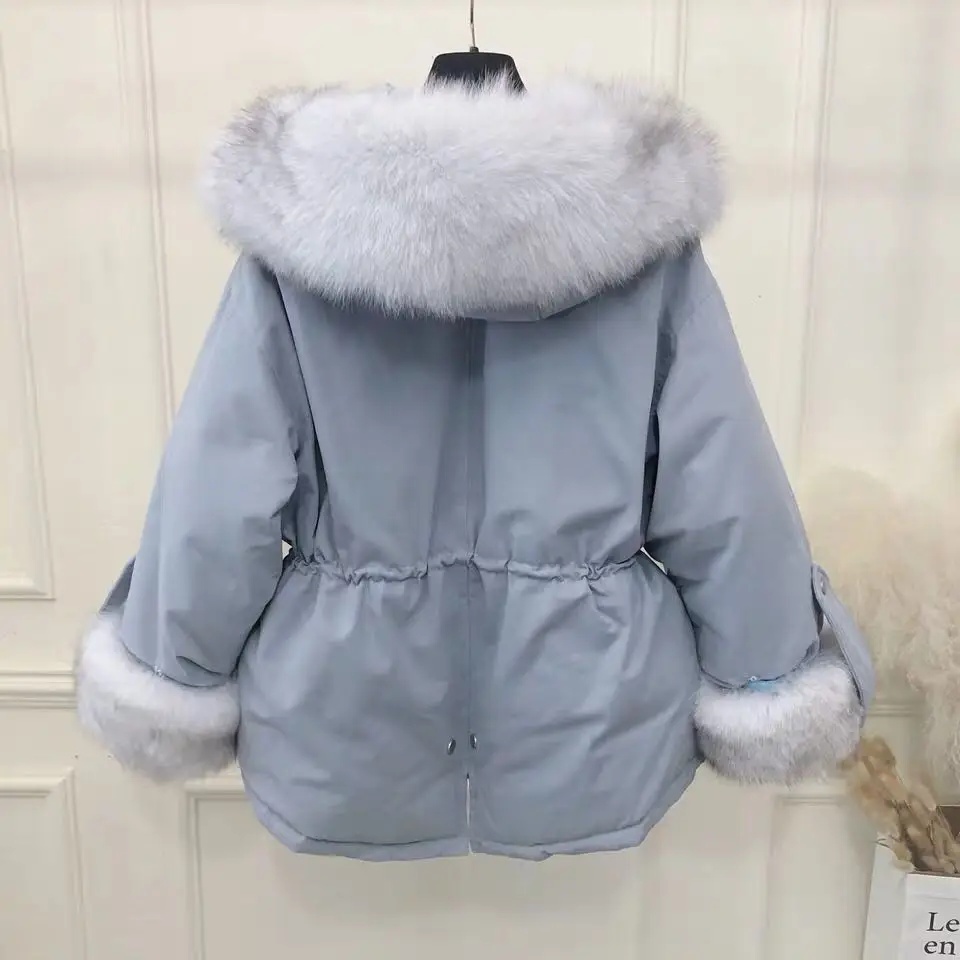 Женское короткое пуховое пальто с капюшоном с лисьим меховым воротником, верхняя одежда, зимняя Модная белая пуховая куртка, Свободные теплые толстые женские пальто