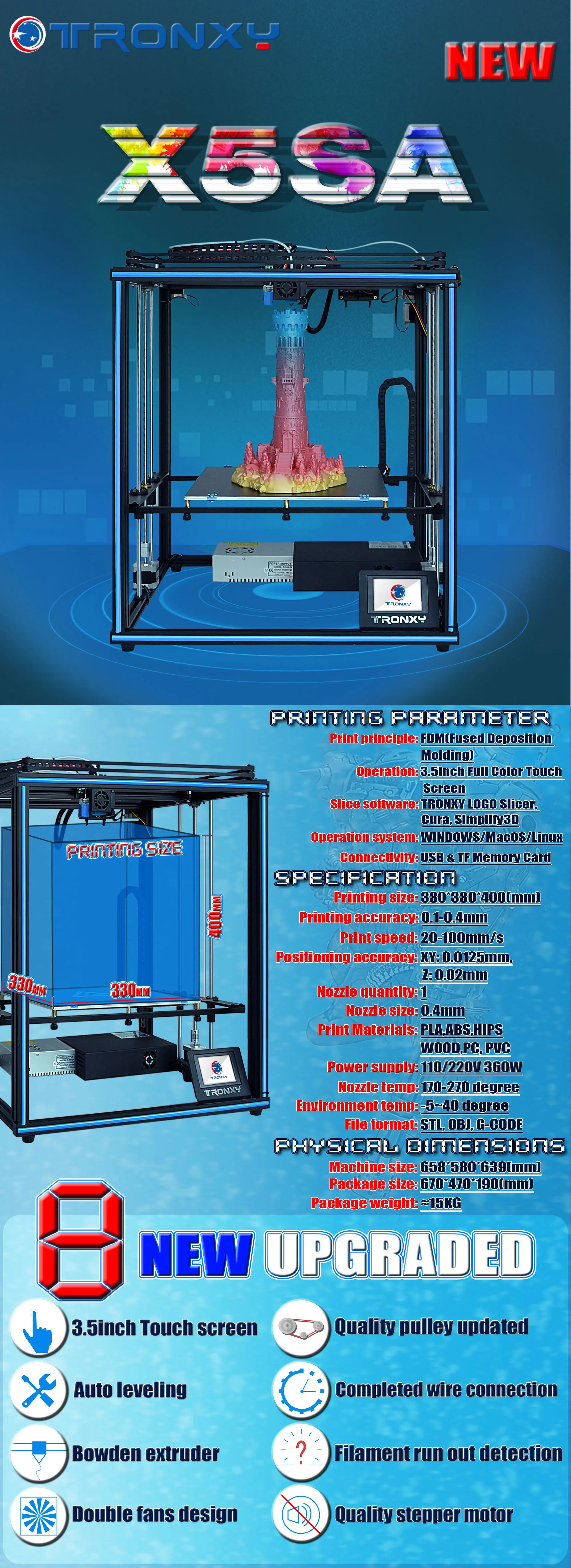 Tronxy X5SA 24V модернизированный 3d принтер DIY наборы металлическая Монтажная пластина 3,5 дюймов lcd сенсорный экран Высокая точность автоматическое выравнивание