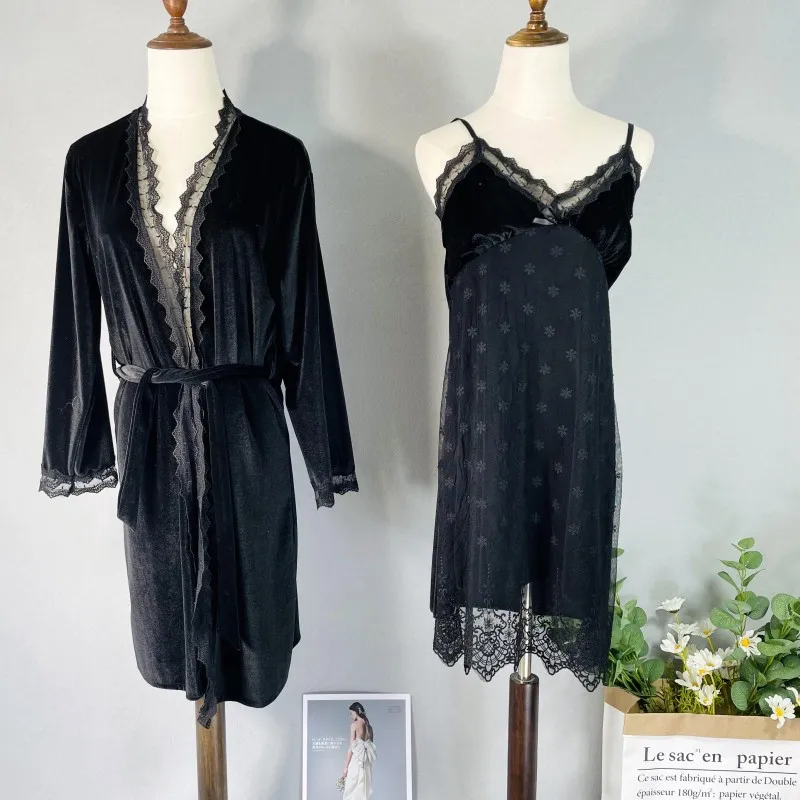 

Sexy Velvet Twinset Robe Set Nightdress Women Kimono Bath Gown Autumn Velour Sleepwear Nightwear Loose Home Dress Nightgown