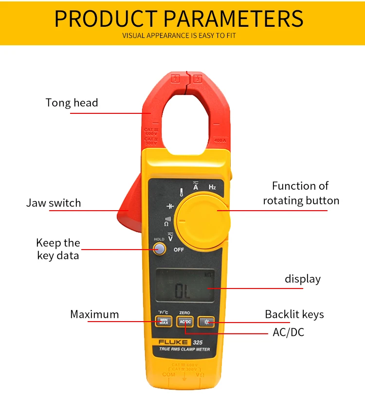 Fluke 325 истинного среднеквадратичного значения зажим метр AC DC тока и Напряжение сопротивление тестера постоянной ёмкости, универсальный конденсатор частота температурный мультиметр