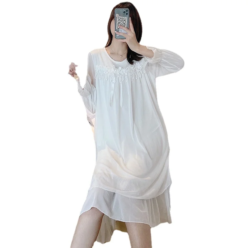 Princess Nightdress Female Autumn Korean Version Lace Mesh Nightgown Long Sleeve Dress Sweet Loose Court Nightwear Sleepwear