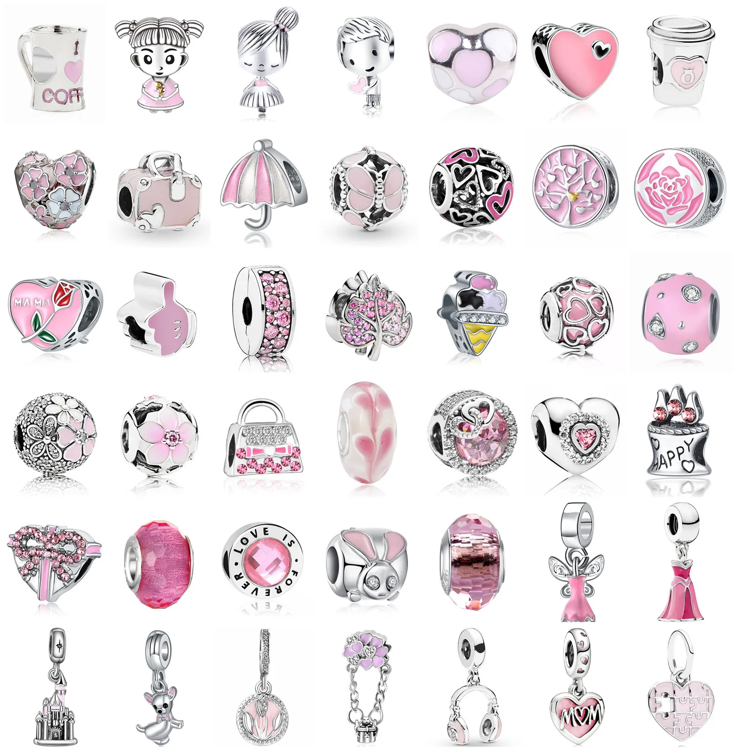 New Pink Ice Cream Heart-shaped MOM Flower customized charms Suitable for pandora bracelet original DIY Ladies Jewelry Gift