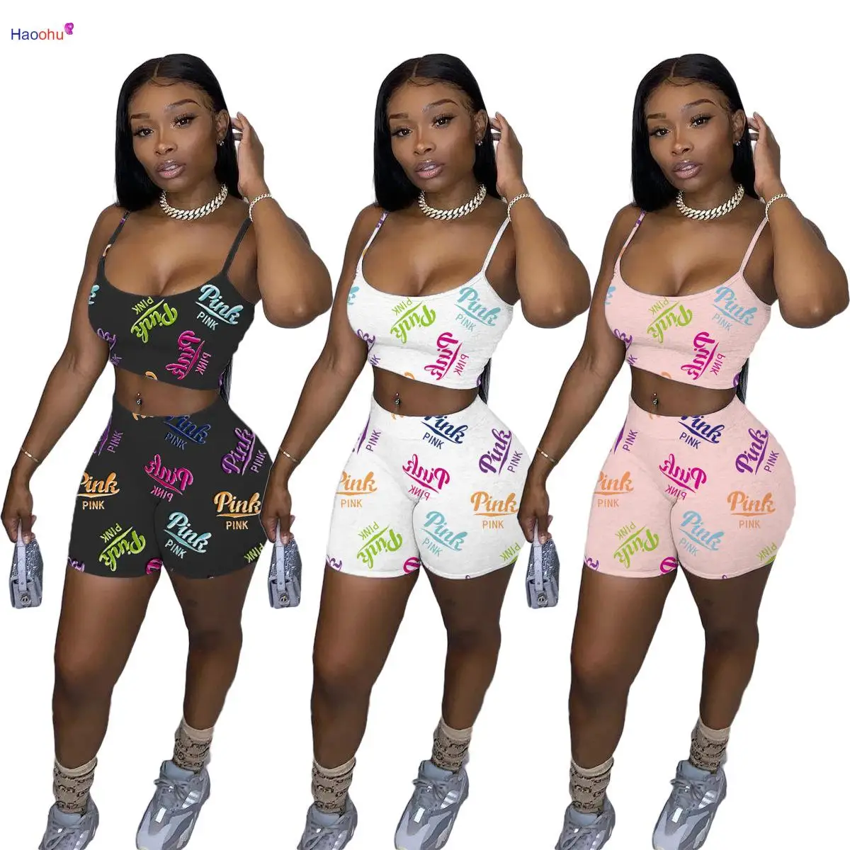 

HAOOHU Casual Summer Suit Top Style Two-piece Loose Women's New Shorts Camisole Printing Suit letter