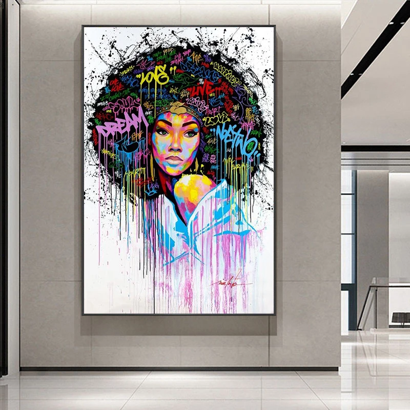 

African Black Woman Oil Paintings Graffiti Art Abstract Canvas Posters and Prints Black Girls Wall Art Pictures for Living Room