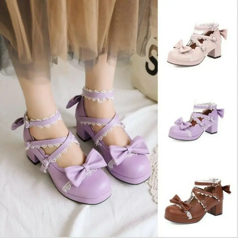 

Lolita Ladies Buckle Strap Round Toe Bowknot Block Heels Mary Janes Shoes 34-48