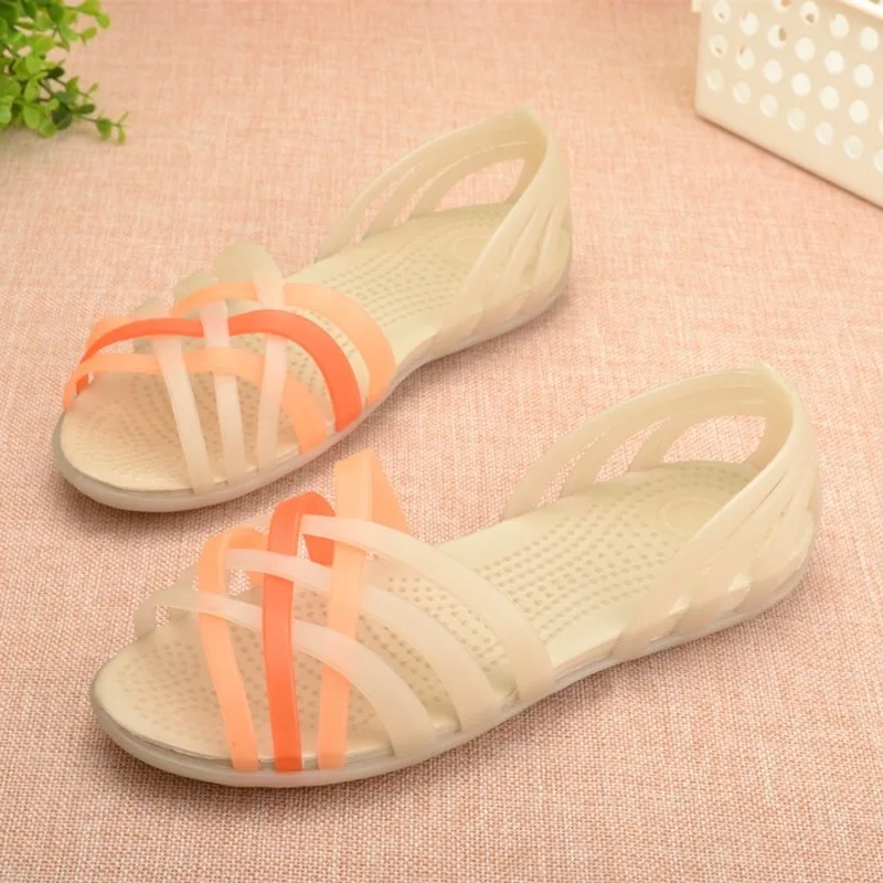 

Women Jelly Shoes Rainbow Summer Sandals Female Flat Shoes Ladies Slip On Woman Candy Color Peep Toe Women's Beach Shoes