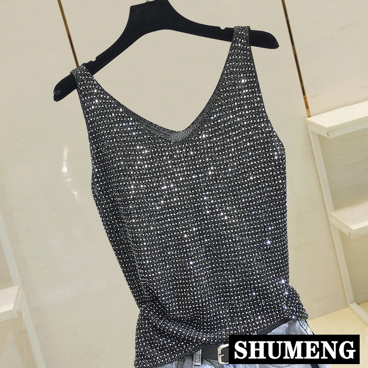 Summer New Fashion Camisole Tanks T Shirts Women Heavy Ironing Hot Drilling Knitting Tops Underwear Inner Female Base Top | Женская