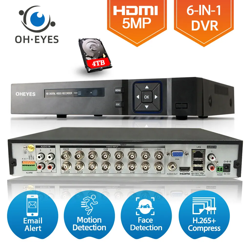 16-канальный видеорегистратор AHD DVR Регистраторы 5MP Распознавание лиц 16ch цифровой