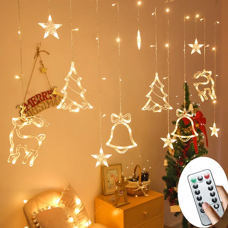 

Christmas Tree Elk Lamp String Lights Fairy Garland Navidad Curtain Room Decor Christmas Decoration for Home Outdoor Noel Natal