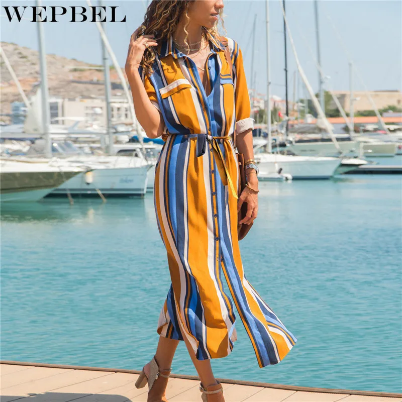 

WEPBEL модное платье в полоску женское облегающее осеннее платье на шнуровке с коротким рукавом однобортное платье с разрезом и отложным воро...