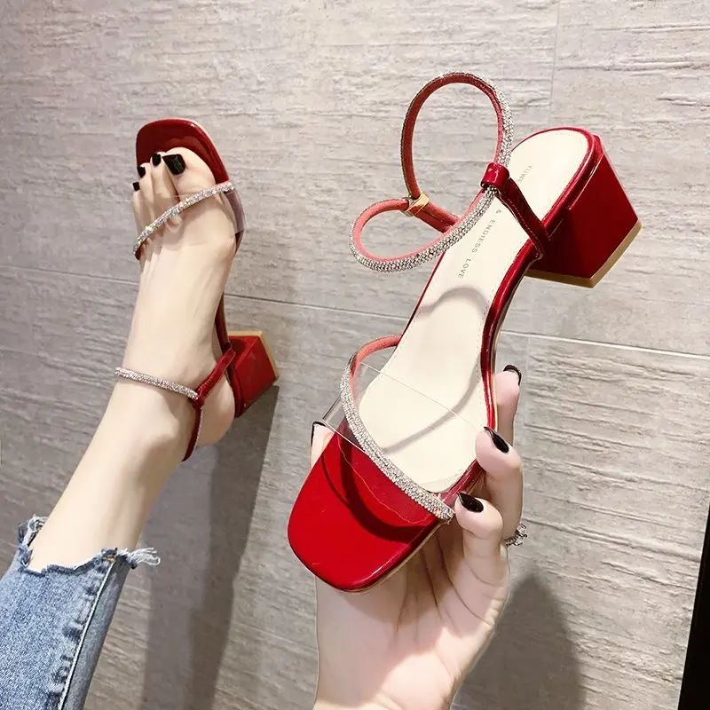 

New Arrival Fashion Bling Crystal Buckle Strap High Square Heels Women Sandals Summer Peep Toe Sexy Shoes for Women Slides Hot