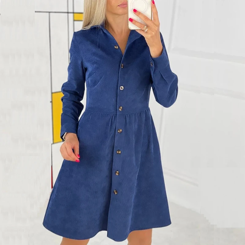 

Women's Corduroy Shirt Dress 90s Office Lady Casual Loose Single Breasted Lapel A-line Dresses for Women Blue Ribbed Party Dress