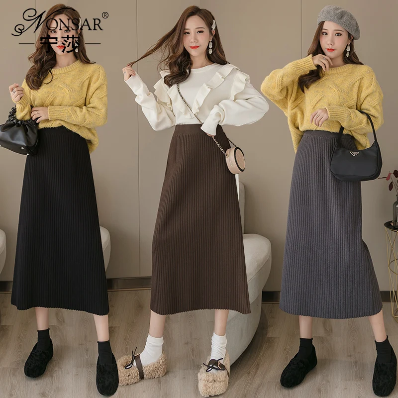 Облегающая модная эластичная Женская рабочая вязаная юбка длинные модные зимние