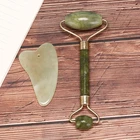 Массажный ролик для лица с нефритовым камнем, натуральный массажер для лица, набор скребков зеленого цвета гуаша для тонкого подтяжки, инструменты для похудения, 1 комплект