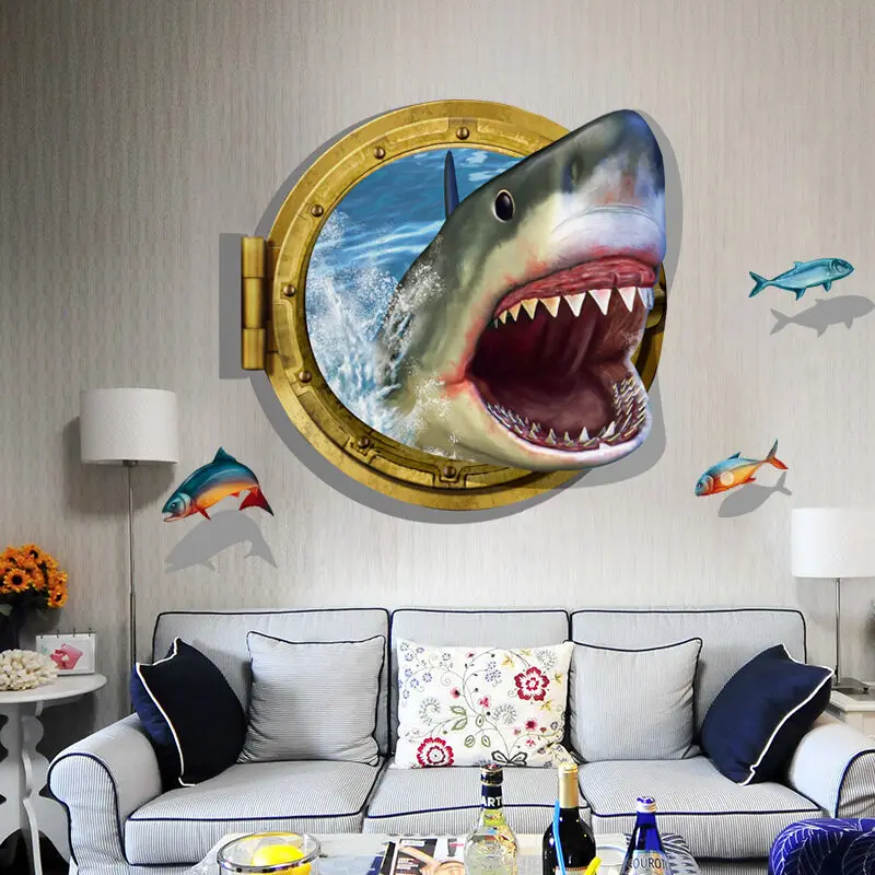3D Акула иллюминатор Настенная Наклейка морской круиз Wall Art Стикеры домашнего