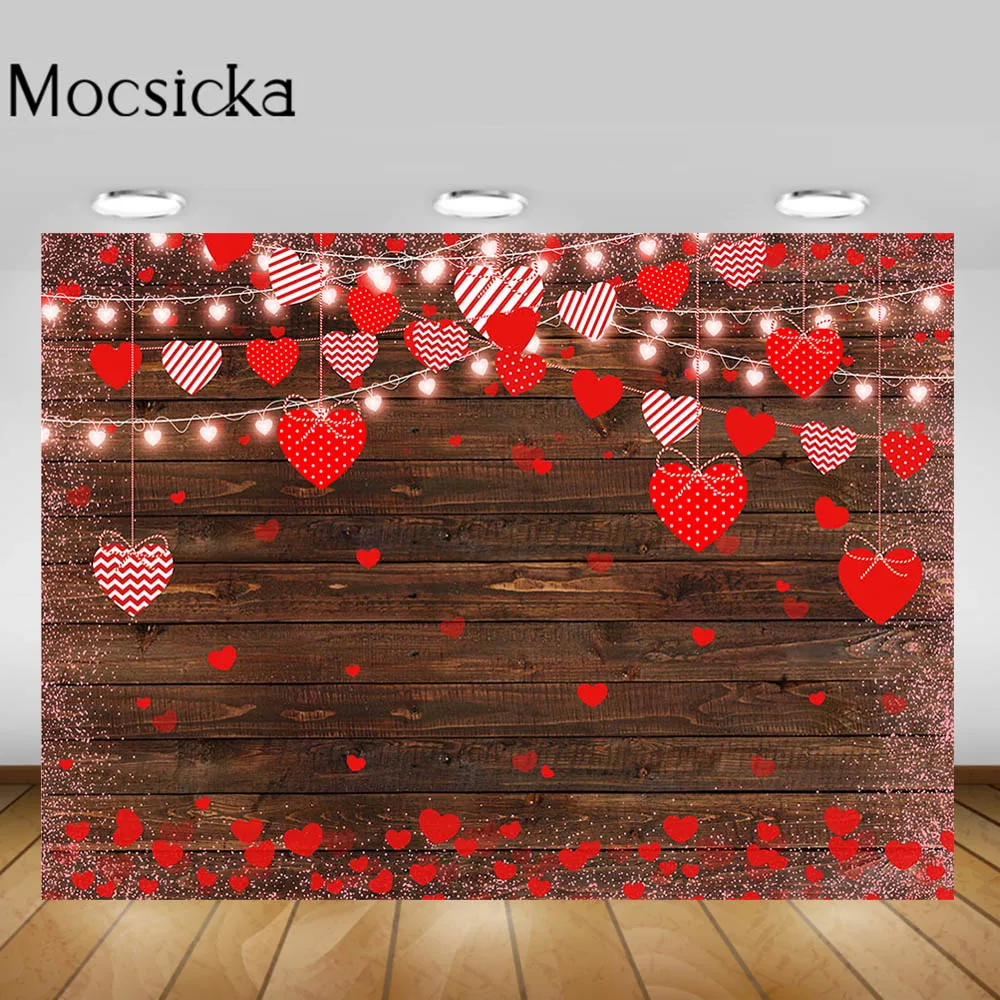

Mocsicka Wood Backdrop Valentine's Day Red Love Heart Photography Background for Photo Studio Photocall Props Decoration Banner