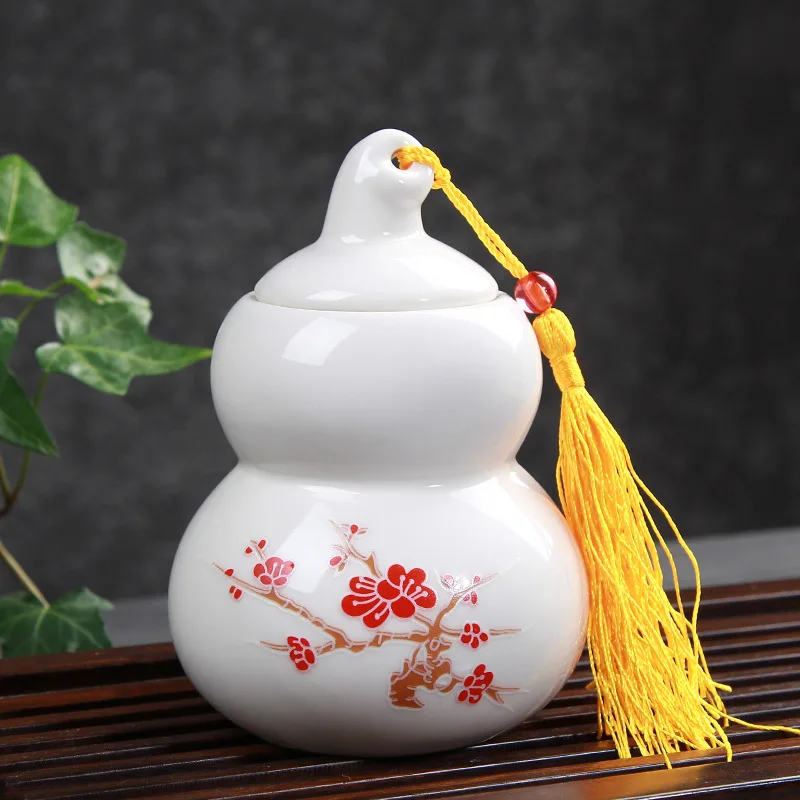 F Wintersweet White Cucurbit Tea Caddy Ceramic Tea Box Gift Tea Leaf Packing Box Coffee Bean Sealed Canister Pills Face Powder Storage Jar - Цвет: F Wintersweet White