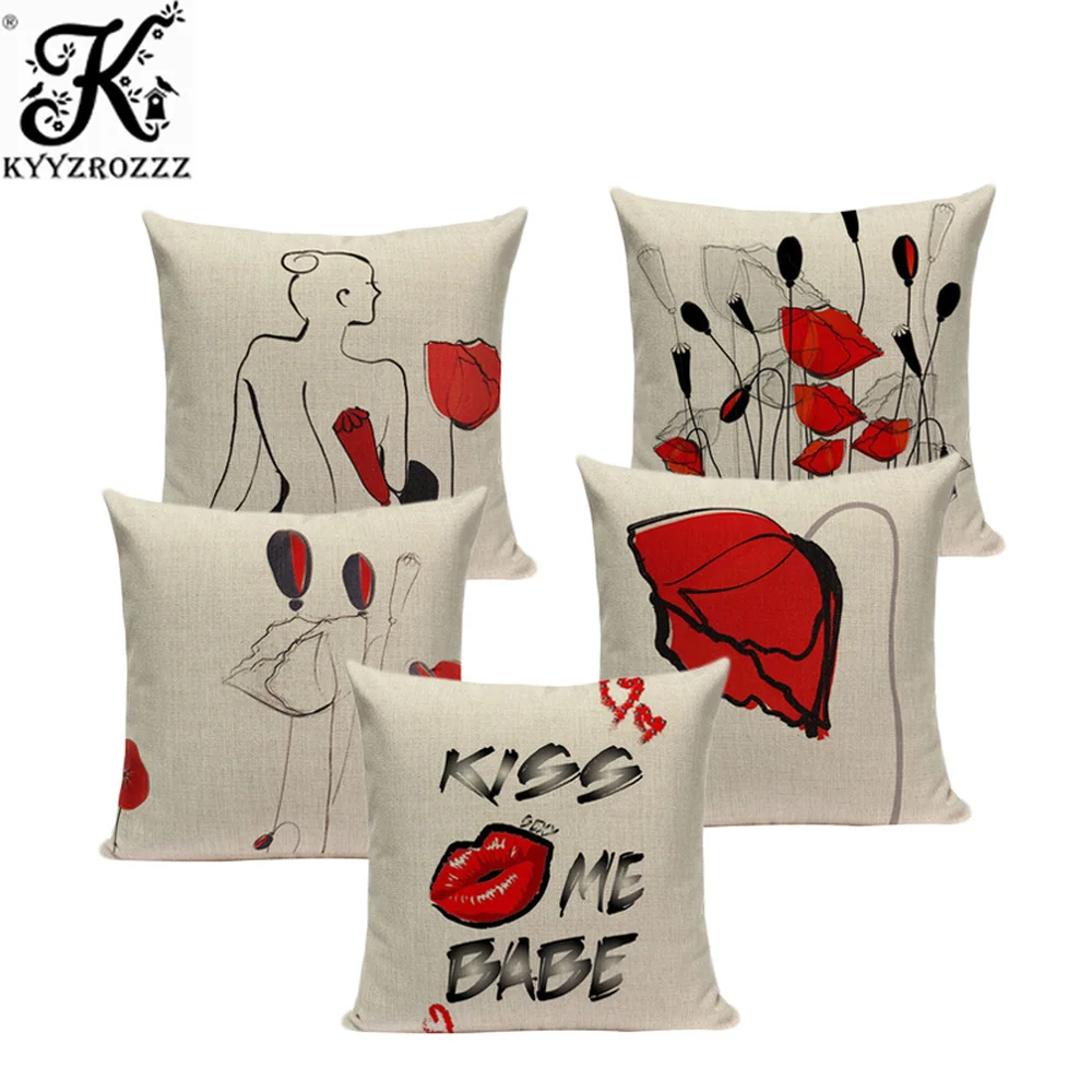 Оригинальный креативный чехол для подушки с красными и черными цветами льняной