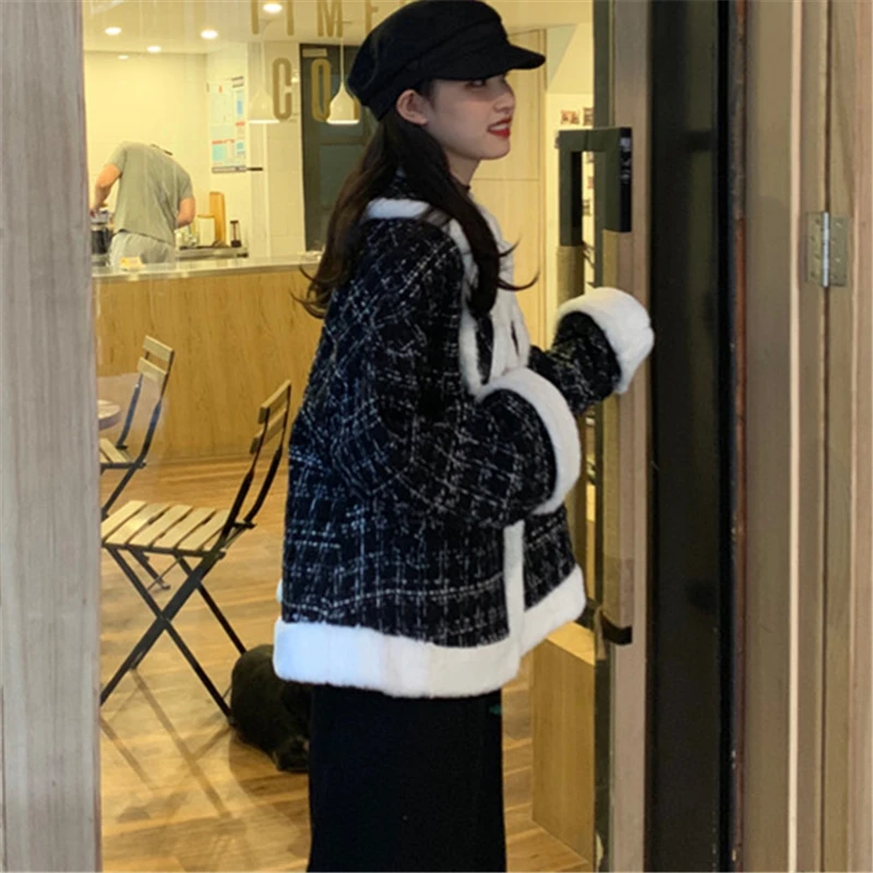 Женское шерстяное пальто толстое твидовое Свободное в клетку с кроличьими