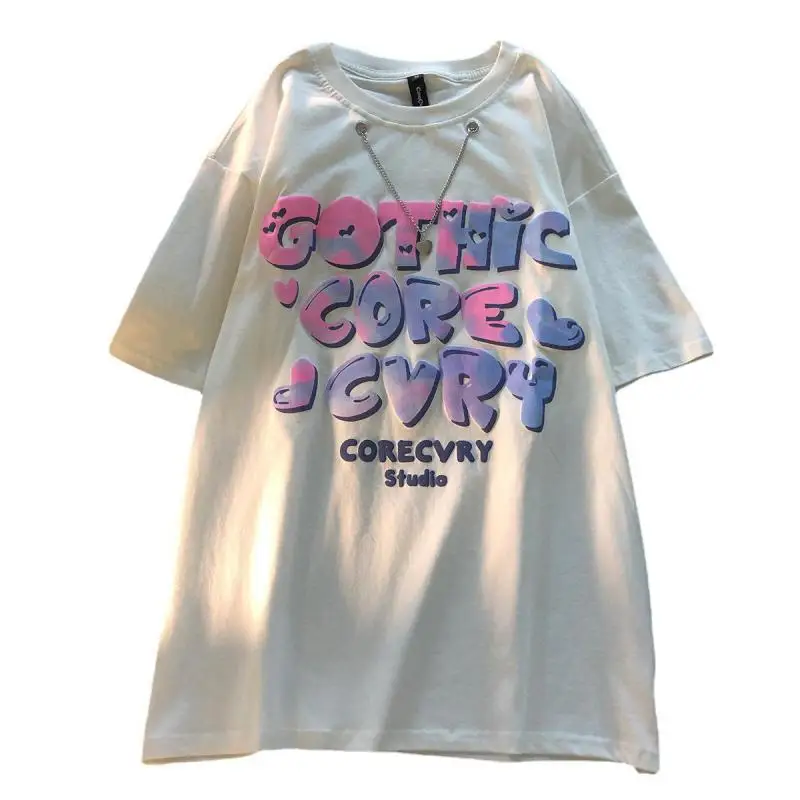 

Love Chain Sweet Print Casual Short-sleeved T-shirt Female 2021 Summer Samples Leisure Loose Cartoon Super T-shirt Shirt Top