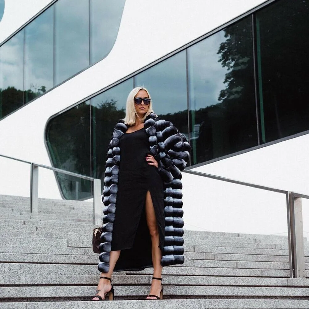 Fashion Long Rex Rabbit Fur Coats Women Natural High Quality Whole Skin Genuine Rex Rabbit Fur Coat with Lapel Collar Outwear