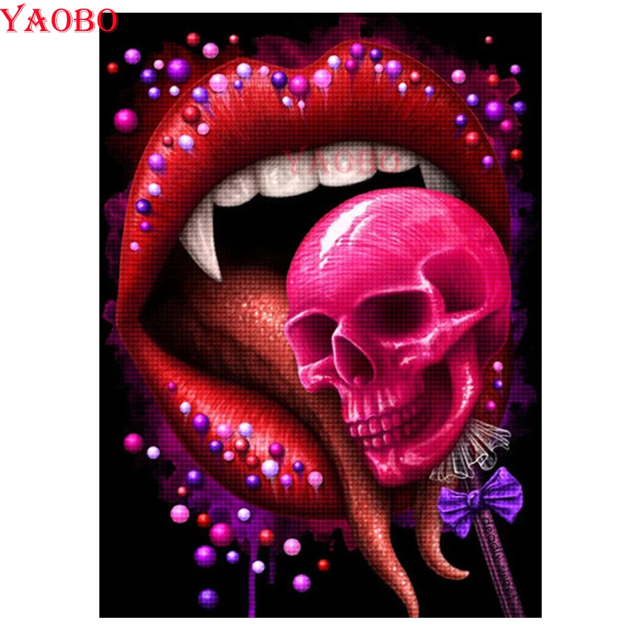 

Набор для алмазной вышивки «Вампир», картина из круглых страз 5D «сделай сам» с пикантными красными губами, черепом, стразы, мозаика для домашнего декора