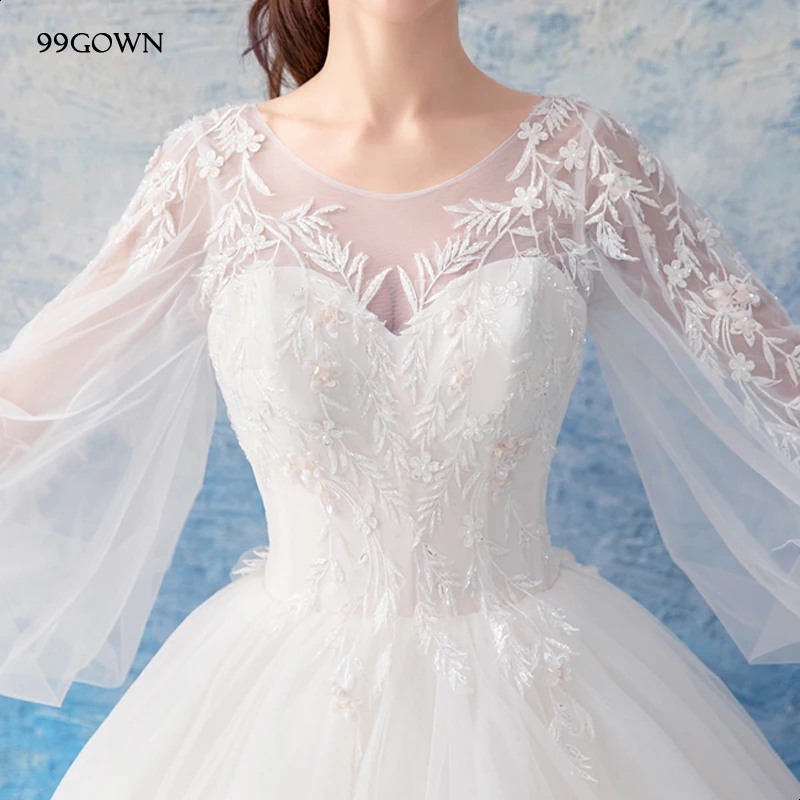 99GOWN, простые свадебные платья для свадебной церемонии, длинный рукав-фонарик, ТРАПЕЦИЕВИДНОЕ свадебное платье из тюля, с кружевами, с открытой спиной, бальное платье