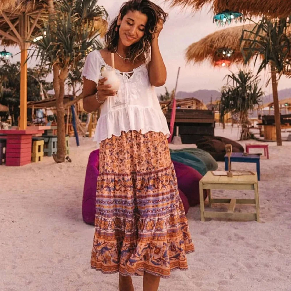 Богемная пляжная юбка в стиле бохо из 2020 хлопка с цветочным принтом саронг