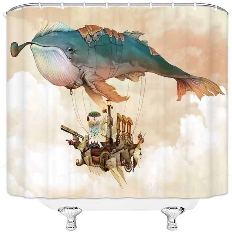 

Cartoon Art Smoking Whale Hot Air Balloon Dragon Boat Cannon Airship Bathroom Shower Curtain Waterproof Polyester Fabric