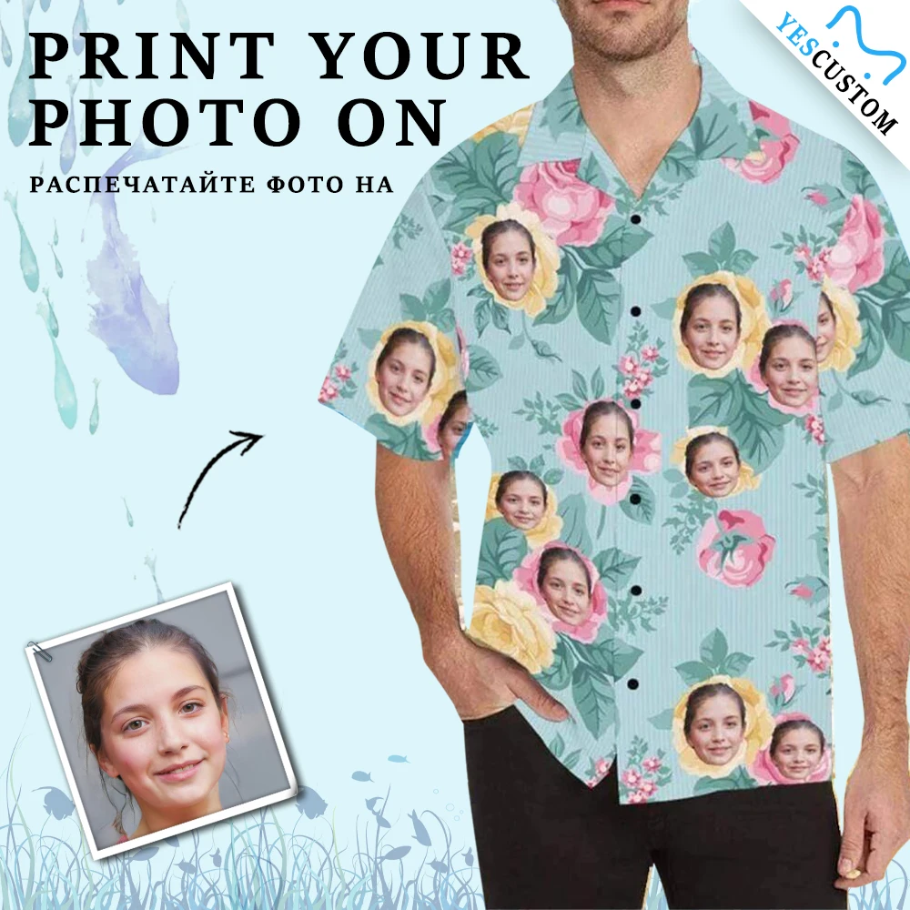 

YesCustom T-Shirt Summer Custom Face Photo Cardigan Beach Tee All Over Printed Loose Party Hawaiian Shirt Floral Blouses Tops